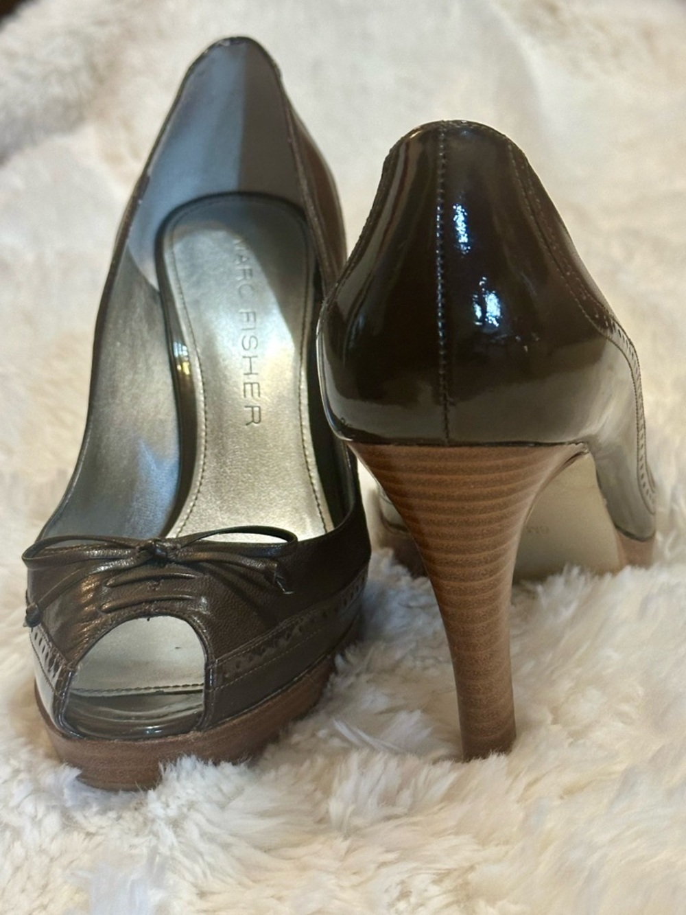 Marc Fisher Brown Leather Peep Toe Platform Heels Size 8 Classic Work Pumps - Picture 14 of 16